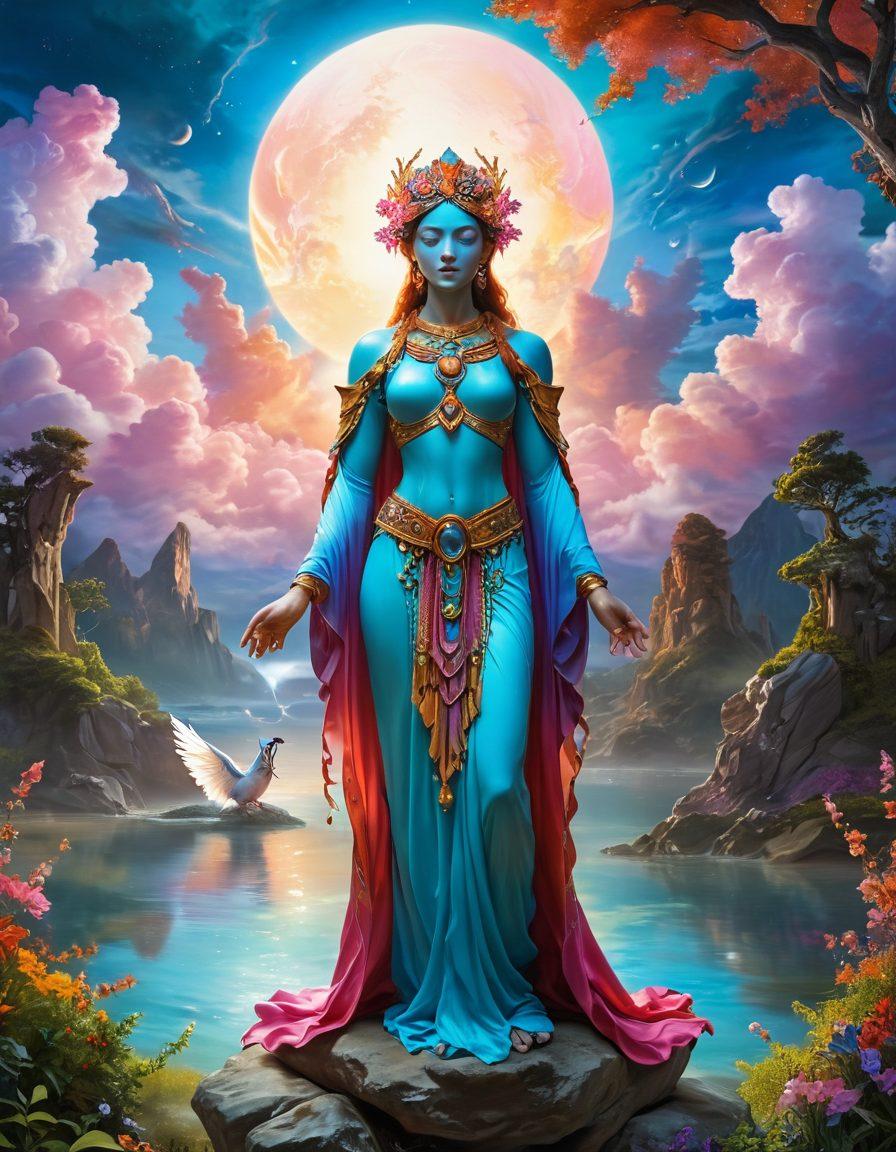 An enchanting scene depicting a mystical guardian figure with vibrant colors, surrounded by ethereal light and whimsical elements like floating orbs and serene nature. The guardian should exude warmth and protection, symbolizing bliss and safety. In the background, a lush landscape with harmonious colors and soft clouds enhances the feeling of tranquility. Inspired by fantasy art and dreamlike aesthetics. super-realistic. vibrant colors.