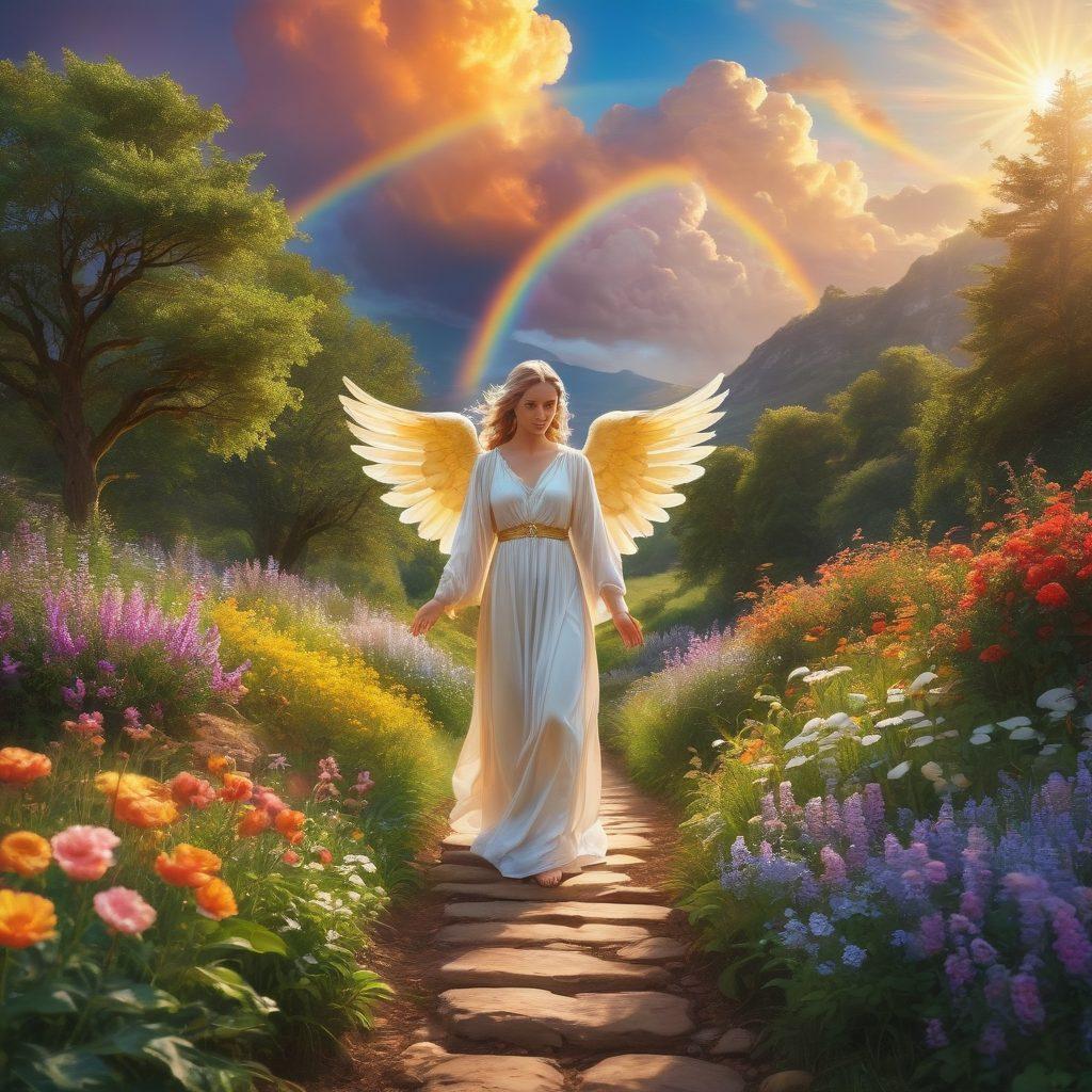 An ethereal figure resembling a guardian angel, radiating warm golden light, stands majestically over a picturesque landscape filled with lush greenery and blooming flowers. The scene captures a sense of tranquility and joy, with soft clouds and a vibrant rainbow in the background symbolizing hope and bliss. A path lined with glowing stones leads to the figure, inviting viewers to embark on their own joyful journey. super-realistic. vibrant colors. dreamy background.